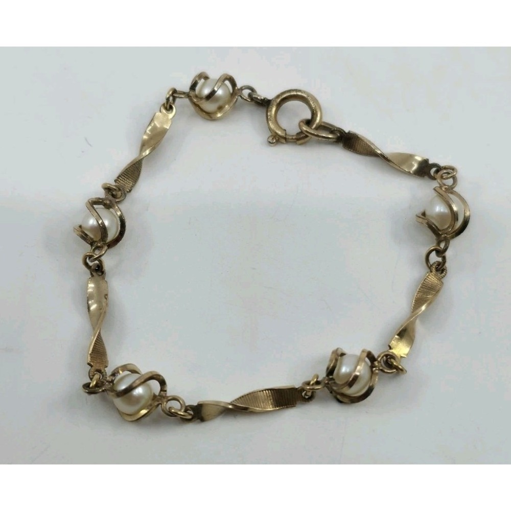 Vintage Van Dell 1/20 12K GF Gold Filled Twisted Link Caged Pearl Bracelet